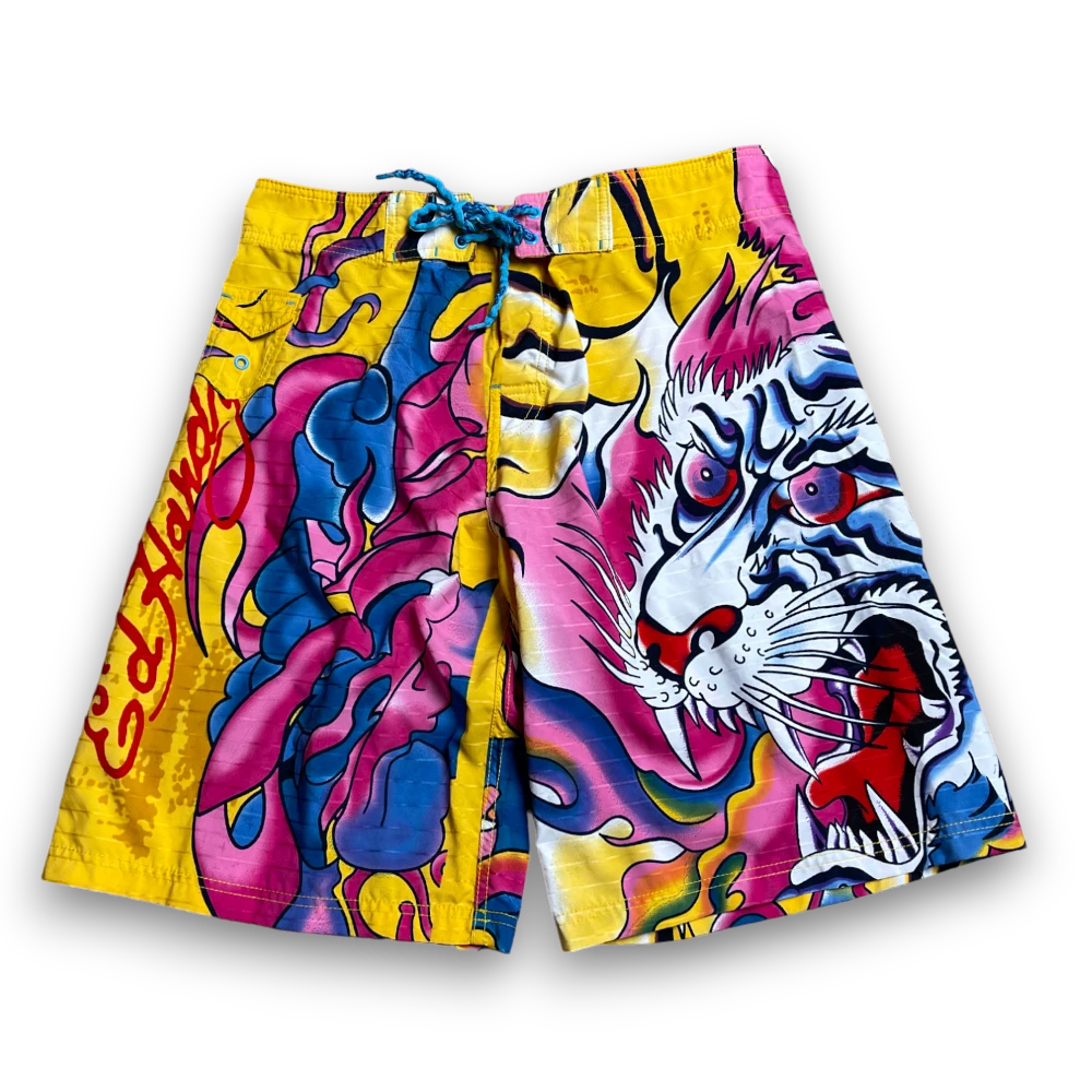 Yellow Ed Hardy shorts with big print