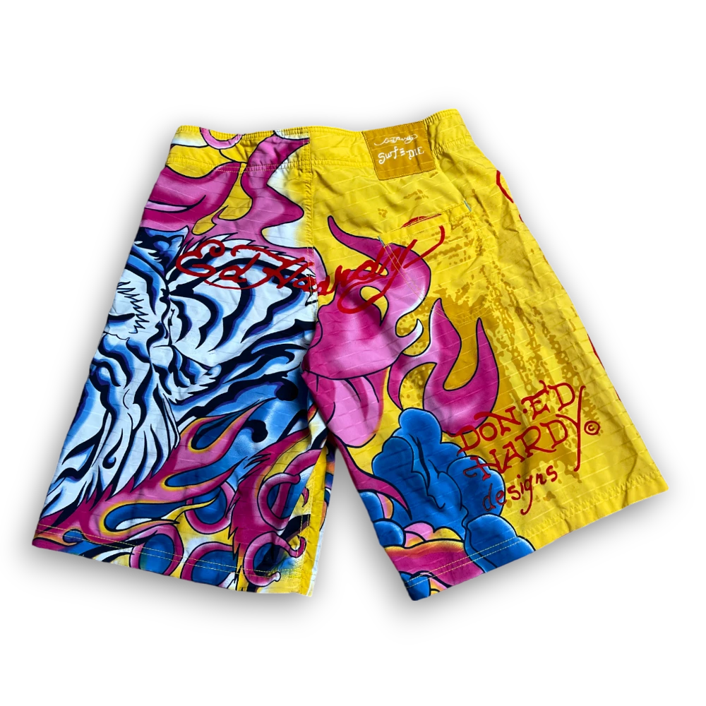 Yellow Ed Hardy shorts with big print