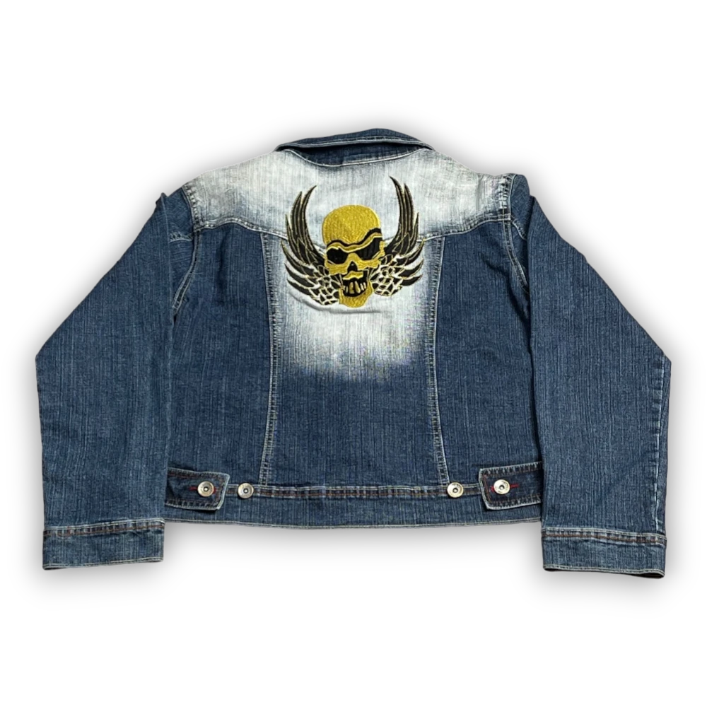 Streetwear Y2K Blue Crazy Age jeans jacket with large embroidery