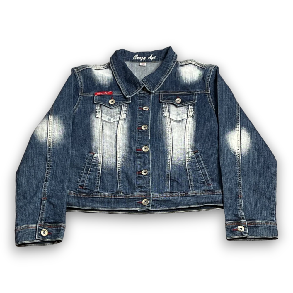 Streetwear Y2K Blue Crazy Age jeans jacket with large embroidery